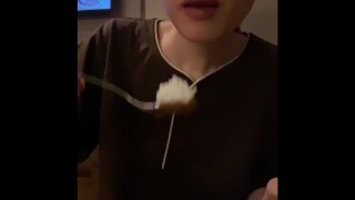 Nasty office worker eating spicy curry after masturbating ①